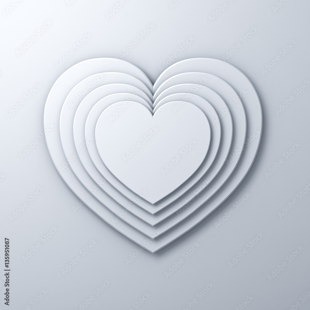 Poster white heart shapes on red wall background with shadow, valentines day background 3d rendering