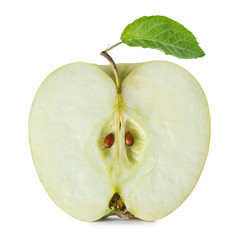 Green apple slice with leaf isolated on white background