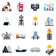 Oil icons set. Petroleum-producing, flat design. Processing and transportation resources, symbols collection.