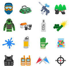 Paintball icons set. equipment and outfit, flat design. isolated symbols collection