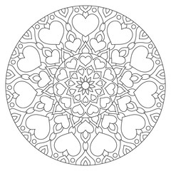 Flower mandala with hearts. Coloring page for