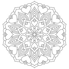 Flower mandala with hearts. Coloring page for Valentine's