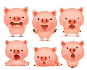 Collection of funny pig cmoticon characters in different emotions