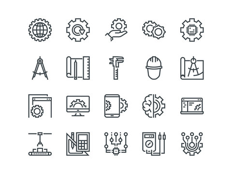 Engineering. Set of outline vector icons. Includes such as Manufacturing, Engineer, Tool, Production, Settings and other. Editable Stroke. 48x48 Pixel Perfect.