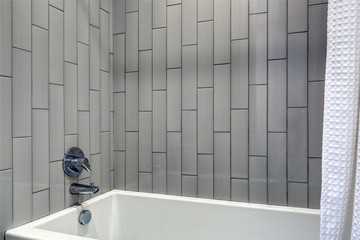 Modern bathroom design featuring grey vertical shower surround.