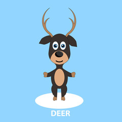 Funny Christmas deer with colored scarf on blue background, Vector illustration