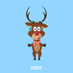 Funny Christmas deer with colored scarf on blue background, Vector illustration