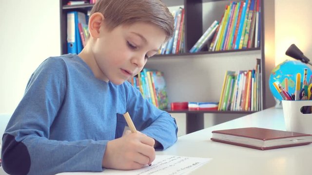 Cute school boy doing homework at desk in his room