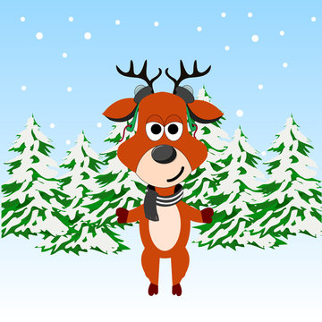 Funny Christmas deer with colored scarf and pines on background, Vector illustration