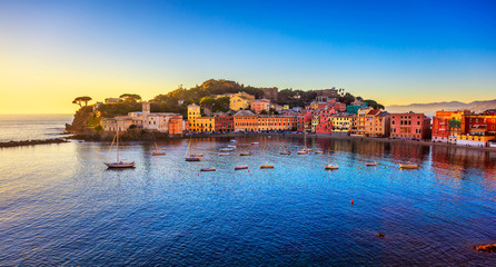 Fototapeta na wymiar Sestri Levante, silence bay sea harbor on sunset. Italy