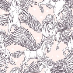 Vector seamless pattern of white winged pegasus