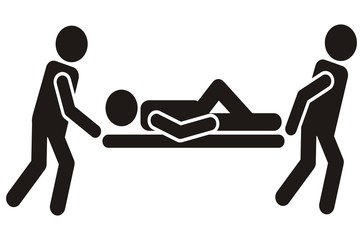 Medics carry a stretcher with the patient. Black silhouette, vector icon. - obrazy, fototapety, plakaty