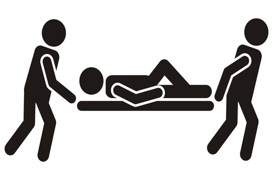 Medics carry a stretcher with the patient. Black silhouette, vector icon.