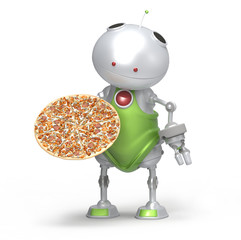Robot with pizza in hand, white isolated