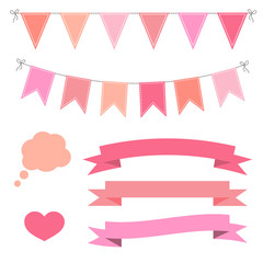 Set of pink flat buntings garlands, ribbons and speech bubble