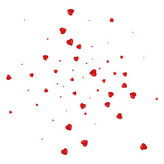 Heart confetti of Valentines petals falling on white background. Flower petals