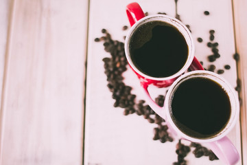Morning coffee for couple in love. Top view.