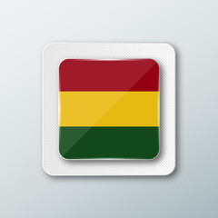 Square button with the national flag of Bolivia with the reflection of light. Icon with the main symbol of the country.