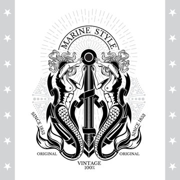 Two marmaids with triden in arms hold the anchor with ribbons and line pattern. Marine style background on blackboard