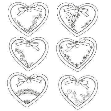 Collection of gingerbread heart. Valentine's Day. Vector Coloring book. Contour isolated.