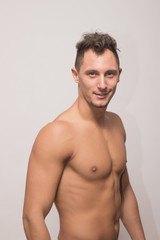 Fototapeta premium young man smirk, upper body, side view, model polaroid snapshot