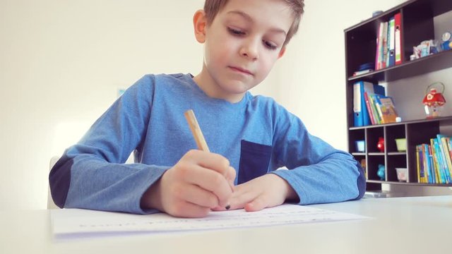 Cute school boy doing homework at desk in his room