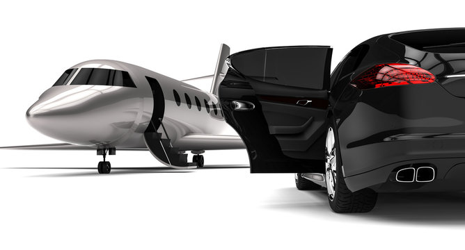  Luxury life / 3D render image representing a luxury car with an private jet
