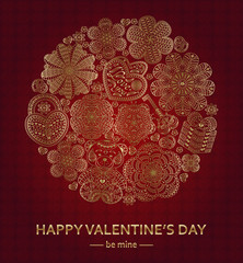 Valentines Day greeting card with many ornate elements. Round shape. Vector illustration.