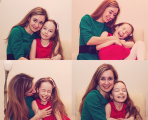 Motherhood. Collage of  beautiful young woman hugging cute little daughter