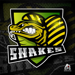 Reptile face in profile with bared teeth. Logo for any sport team snakes