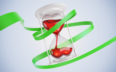 Hourglass in the form of hearts. Entwine green ribbon. 3d render. concept