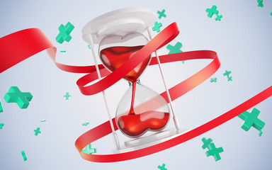 Hourglass in the form of hearts. Entwine red ribbon. 3d render. concept