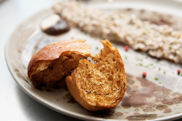 Grilled brioche and mushroom caviar on plate, Nordic cuisine