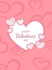 Happy Valentine's Day greeting card. White heart with an inscription in the middle. Festive romantic love background. Vector illustration.