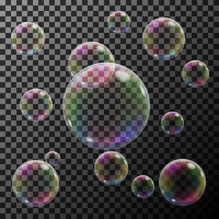 Group of transparent colorful soap bubble on a dark background. Vector Illustration.