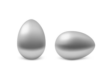 Two vector realistic silver eggs. Isolated easter eggs on white background. Holiday decoration
