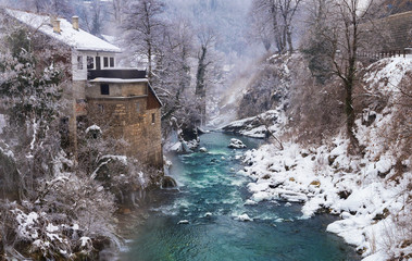 Beautiful and magic waterfalls during winter at Slunj, Croatia,