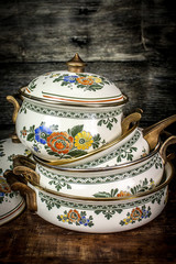 Stack of Enamelware Pots and Pans