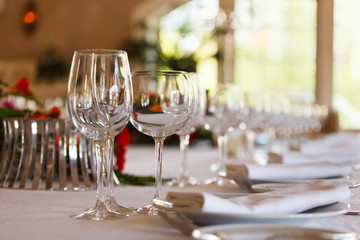 Serving table prepared for event party or wedding. Soft focus, selective focus
