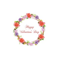 Romantic Valentine's Day. Greeting card with flowers and a wreath.