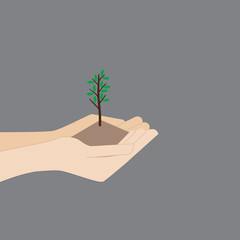 Illustration of human hand holding green small tree