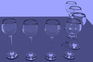 3D-Rendering von leeren Weingläsern auf einer glänzenden Fläche
