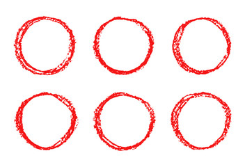 Set of red hand drawing round design elements. Wax crayon circle frames background. Vector pastel chalks texture