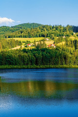 Mountain lake in clear weather, with the sky reflected in the water.