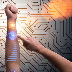 Human robotic hand in futuristic concept