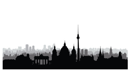 Fototapety  Berlin city silhouette. German urban landscape. Berlin cityscape with famous landmarks and buildings. Travel Germany background