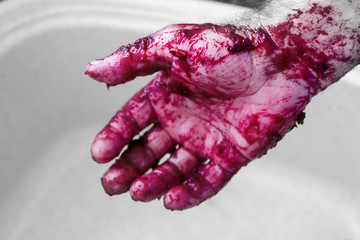 Male hand covered in beets over a sink. Soft focus