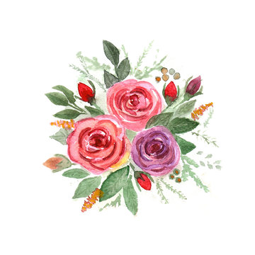 Hand drawn watercolor illustration with floral roses elements on