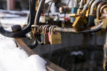 Padlocks on the well in the center of Zilina city. Slovakia
