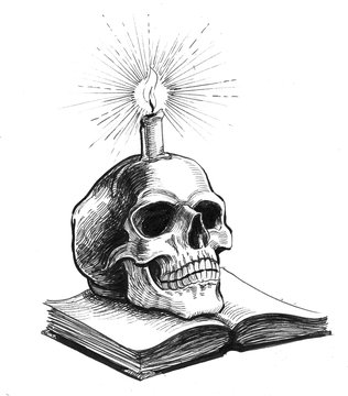 Book, skull and burning candle